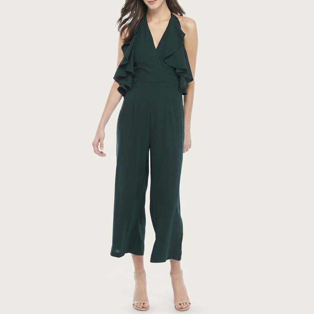 Romeo + Juliet Couture Ruffle Halter Open Back Jumpsuit in Ink Green